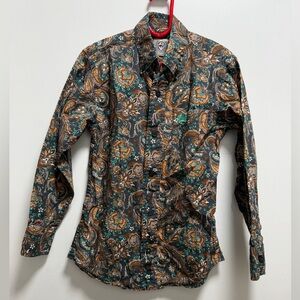 Cinch Shirt Boys XS 4-5 Gray Paisley Long Sleeve Button Up Western Print Logo